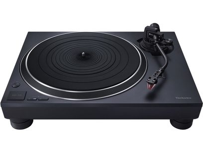 Platine vinyles hi-fi Technics SL-1500CEG-K noire, vue de dessus, plateau tournant circulaire, bras de lecture droit