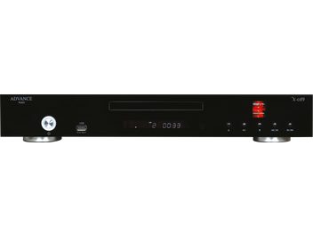Advance Paris X-CD9 black CD player, front view, blue display, USB port, silver buttons and knobs