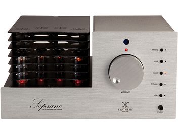 Ampli hi-fi à tubes Synthesis Soprano alu argent. Face avant avec boutons, prise casque et tubes visibles. Vue de face