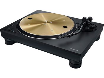 Platine vinyles hi-fi Technics SL-1300GE-K noir, vue en angle, plateau doré, bras de lecture noir, pieds cylindriques