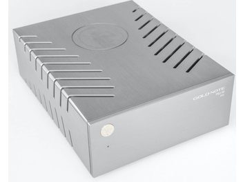 Eraldi toiteplokk HI-FI Gold Note PSU-10 EVO hõbedane, perspektiivis pealtvaade, ristkülikukujuline harjatud metallist korpus õhuavadega