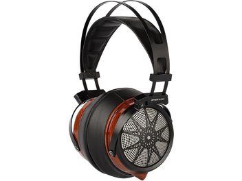 Åbent hi-fi hovedsæt Sendy Audio Apollo, sort og træ, runde ørepuder med metalrist, polstret læderhovedstykke