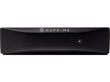 Nuprime BTR-HD trådløs sender i mat sort rektangulær form, hvidt logo, på sort baggrund, set forfra