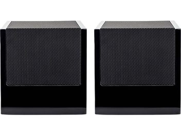 Black MartinLogan Motion AFX Dolby Atmos speakers with perforated metal grille on the front and smooth top surface