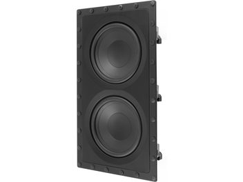 Built-in subwoofer DCS-208IW3, perspective view, black rectangular front, 2 circular speakers aligned vertically