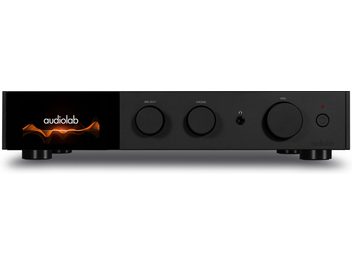 Ampli hi-fi intégré stéréo Audiolab 9000A noir avec écran affichant un logo lumineux, 3 boutons circulaires, prise casque, bouton rouge