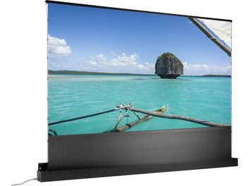 ALR Screen for Ultra Short Throw Projection Lumene Eden Extra Bright UST 300C, front view, black frame, displayed image of a seascape with turquoise water, blue sky, white clouds, isolated rock, wooden boat in the foreground, black rectangular base with visible cable.