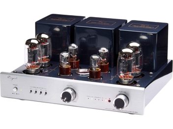 Cayin CS-88A KT88 silver metal stereo tube integrated amplifier, dark blue platform topped with six tubes and three transformer covers, brushed front panel with two large knobs and four switches, three-quarter front left view