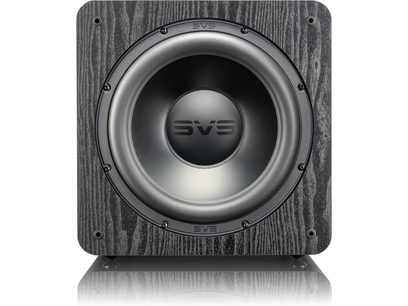 SVS SB-2000 Pro subwoofer in black ash finish, front view, circular woofer in the center, SVS logo at the bottom