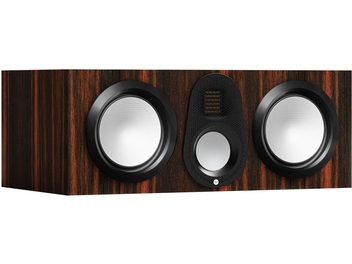 Enceinte centrale Monitor Audio Gold C250 6G macassar, vue de face, 2 grands haut-parleurs circulaires argentés, 1 tweeter central