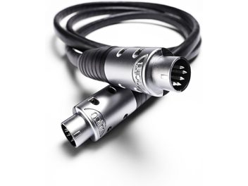 Cavo audio analogico Naim Audio HI-Line DIN5 1,25m, nero, connettori cromati, avvolgimento stretto, sfondo bianco