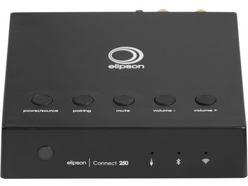 Στερεοφωνικός ενισχυτής hi-fi Elipson Connect 250 μαύρου χρώματος, άποψη από πάνω, 5 στρογγυλά κουμπιά, λευκό λογότυπο Elipson στο κέντρο, 3 εικονίδια στο κάτω μέρος