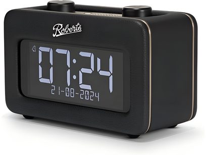 Digitālais modiņa Roberts Revival Rest melnā ar graudainu mākslīgo ādas pārklāju, liels zils digitālais ekrāns priekšpusē, zelta apmales, caurulveida rokturis un divi rotējošie pogu uz virsas, trīs ceturtdaļu skats no labās puses priekšā