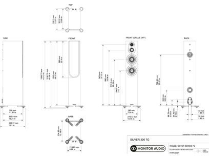 Schema tecnico dettagliato con dimensioni di un diffusore da pavimento Monitor Audio Silver 300 7G in finitura rovere chiaro