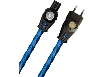 1-meter power cable with a blue braided sleeve, black connectors, 2-pin male plug, and 3-pin female connector