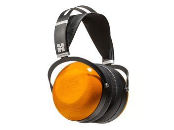 Casque audio Hifiman Sundara Closed-Back, circum-aural fermé, noir et orange, oreillettes en bois, arceau rembourré