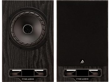 Enceinte bibliothèque Fyne Audio F5E, vue de face, finition bois sombre, haut-parleur central, grille noire amovible