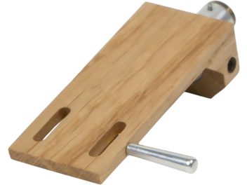 SME vinyl turntable headshell in oak with two rectangular slots, a cylindrical metal rod, and a rear mounting