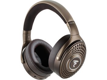 Bezprzewodowe słuchawki hi-fi Bluetooth Focal Bathys MG z wyściełanym pałąkiem, brązowymi skórzanymi nausznikami i perforowanymi okrągłymi obudowami