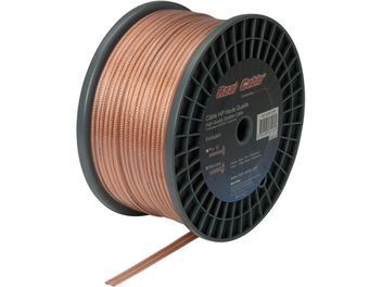 Bobine de câble audio cuivre transparent Real Cable FL400T, gaine orange, sur fond blanc