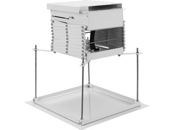 White matte metal Norstone Pro Vision Lift projector mount, scissor lift mechanism riveted to a suspended square frame, three-quarter front view