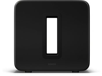 Caisson de grave Sonos Sub (Gen 4) noir, vue de face, forme rectangulaire, ouverture centrale rectangulaire, surface lisse