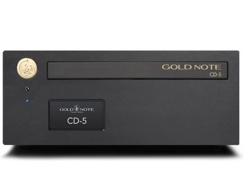 Lecteur CD-5 Gold Note, face avant noire, logo doré en haut à droite, bouton circulaire doré à gauche, écran central