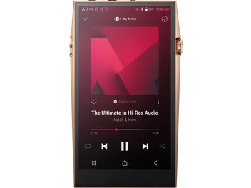 Baladeur audiophile Astell&Kern SP3000 cuivre, écran affichant interface audio rouge, boutons de contrôle, coque cuivrée