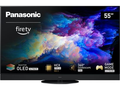 Téléviseur haute définition Panasonic TV-55Z95AEG, écran OLED, vue de face, affichage de couleurs vives, logos et icônes en bas