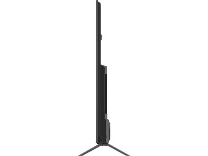 Telewizor wysokiej rozdzielczości Panasonic TV-85W95BEG w kolorze czarnym, obudowa plastikowa z ultra cienką ramką i grubszym modułem tylnym, metalowe nogi w kształcie litery V, widok z boku