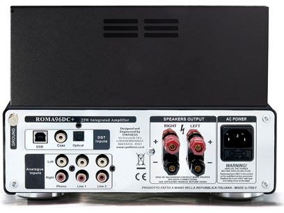 Hi-fi tube amplifier Synthesis Art In Music Roma 96DC+ silver aluminum, rear view, close-up front view
