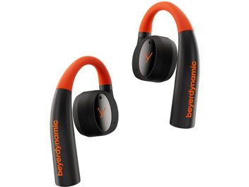 Beyerdynamic VERIO 200 in-ear hovedtelefoner sort og orange, set forfra, sorte øretelefoner, orange bøjler, orange tekst
