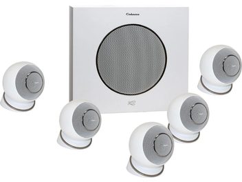 Pack d'enceintes compactes Cabasse Eole 4 blanc: 5 enceintes sphériques blanches et 1 caisson de basses carré gris avec haut-parleur circulaire noir, vue de face