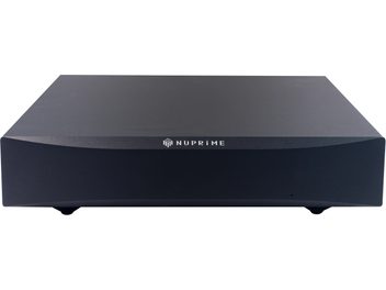 Nuprime STA-9X black high-fidelity power amplifier, front view, rectangular shape, matte black color