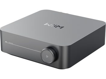 Dark gray WiiM AMP stereo hi-fi integrated amplifier with a rectangular case featuring rounded corners and a circular front button