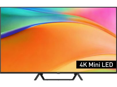 Τηλεόραση υψηλής ευκρίνειας Panasonic TV-55W95BEG μαύρη με λεπτό πλαστικό πλαίσιο, επίπεδη οθόνη 4K Mini LED που παρουσιάζεται από μπροστά σε δύο πόδια σε σχήμα V