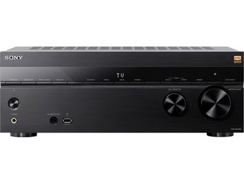 Sony TA-AN1000 hjemmebiografforstærker, set forfra, sort finish, cirkulære knapper, hovedtelefon- og USB-porte, centralt display