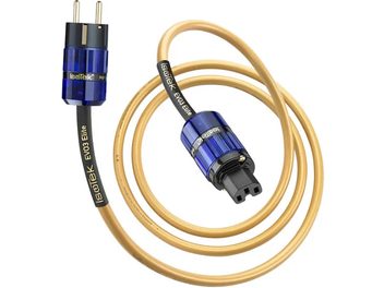 Câble d'alimentation secteur IsoTek EVO3 Elite de 3 mètres avec fiches bleues et gaine tressée or, enroulé