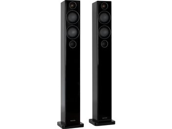 Monitor Audio Radius R270 melni lakoti kolonnu skaļruņi, skats no priekšpuses, divi identiski skaļruņi viens otram blakus