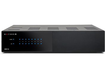 Amplificatore di potenza multicanale Anthem MDX-16 nero, vista frontale, 8 canali, 2 file di LED blu, pannello frontale nero opaco