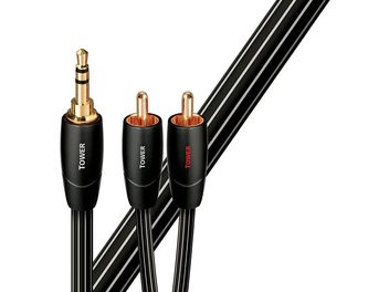 Tre cavi audio neri con connettori RCA dorati e guaina rossa "Tower" da 0,6 metri, vista ravvicinata su sfondo bianco
