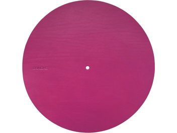 Turntable platter cover Bringhs, circular, fuchsia finish, smooth surface, central hole, engraved logo on one side