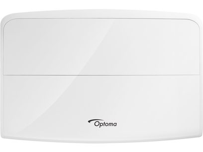 Βιντεοπροβολέας Optoma UHZ65LV σε λευκό χρώμα, με εμπρόσθια όψη, ορθογώνιου σχήματος με στρογγυλεμένες γωνίες και μαύρο λογότυπο στο κέντρο