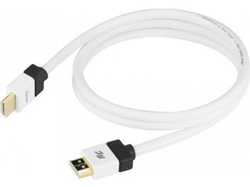 White Real Cable HDMI-1 3m HDMI cable, close-up of black and gold connector, large loop on white background