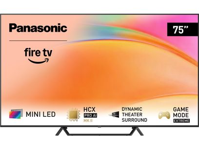 Panasonic TV-75W95BEG high-definition television in black with a slim metal frame and 75-inch flat screen, mounted on a central stand with two angled feet, front view