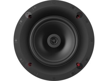 Enceinte encastrable noire Klipsch CS-18-C Sky Hook, vue de face, grille noire avec logo central, 4 fixations rouges