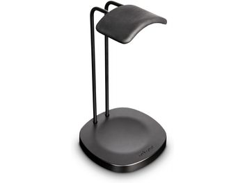 Support pour casque audio noir mat en métal courbé sur socle rond, vue de trois-quarts face