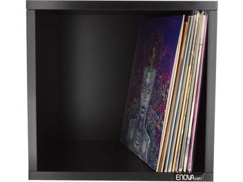 Μαύρο έπιπλο αποθήκευσης Vinyle Box 120 της Enova HIFI με έγχρωμους δίσκους βινυλίου, μπροστινή όψη