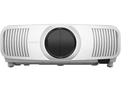 Vidéoprojecteur Epson EH-LS11000W blanc, vue de face, deux grilles d'aération latérales, objectif noir central