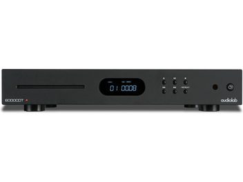 Lecteur CD haute-fidélité Audiolab 6000CDT noir avec façade avant plate, écran numérique central, fente pour CD à gauche, boutons et logo à droite